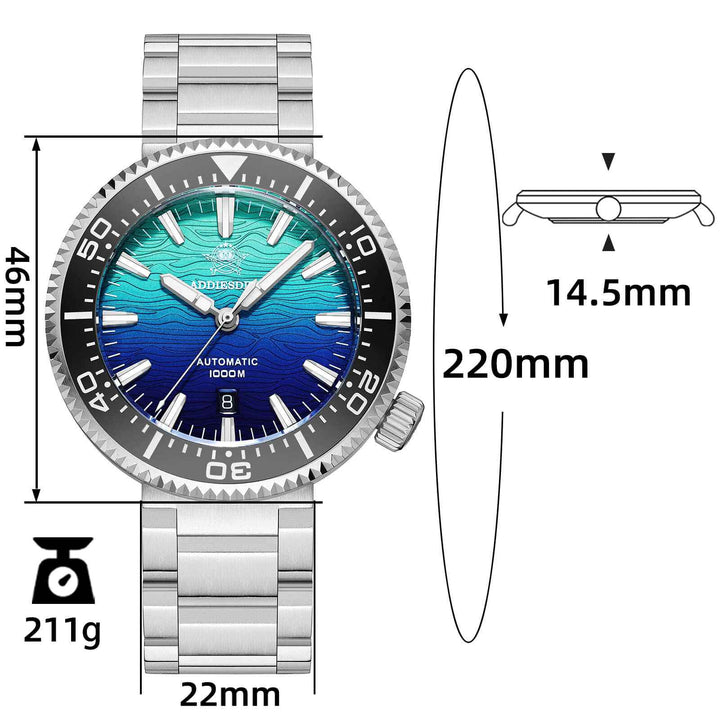 Addiesdive 46mm Puck Style Diver Watch AD2526 – 1000M Water Resistant, Japan 8215 Automatic